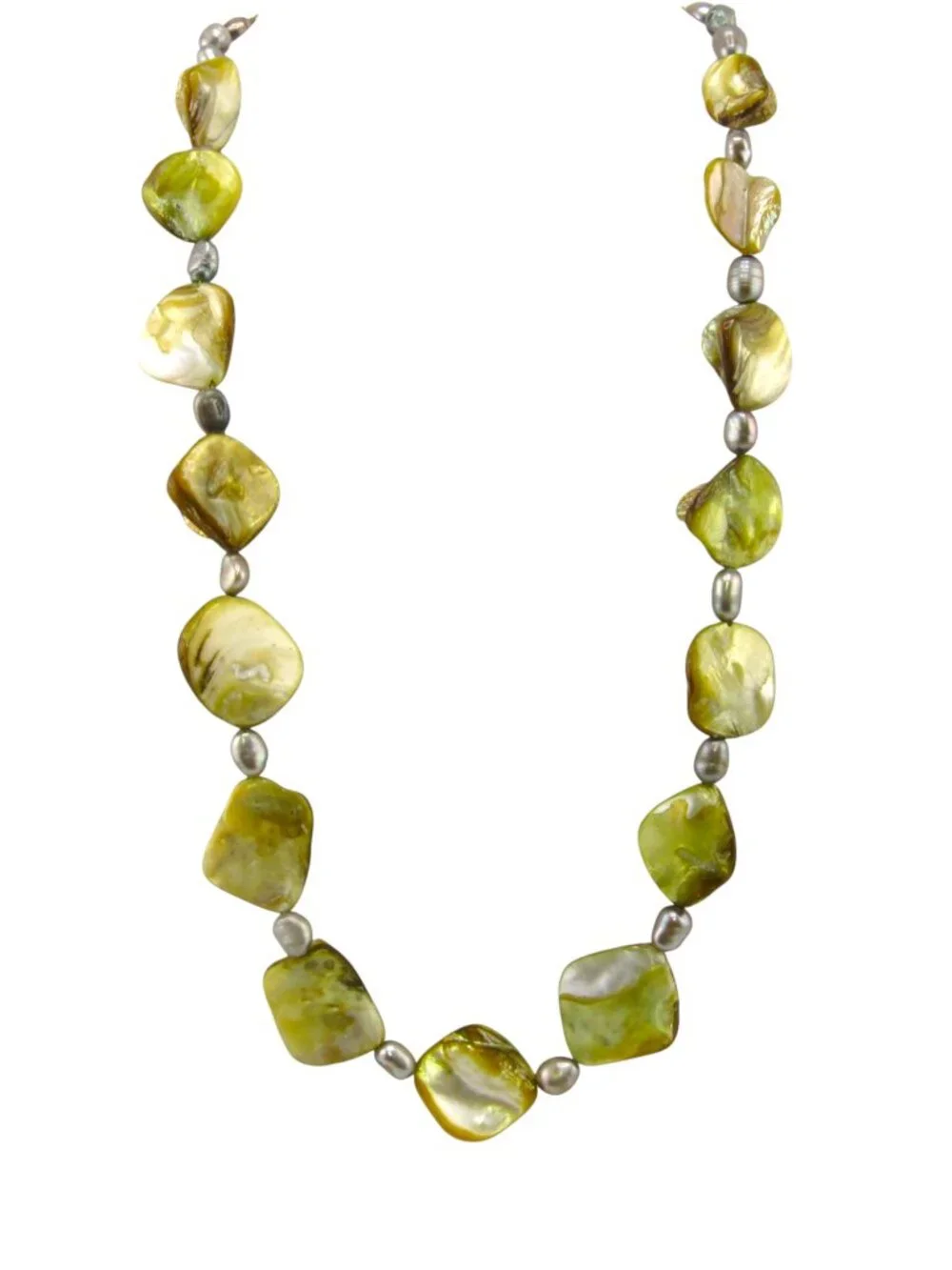 Vintage Green Mother of Pearl Necklace Silver Gray Pearl Spacers Gold Tone Clasp